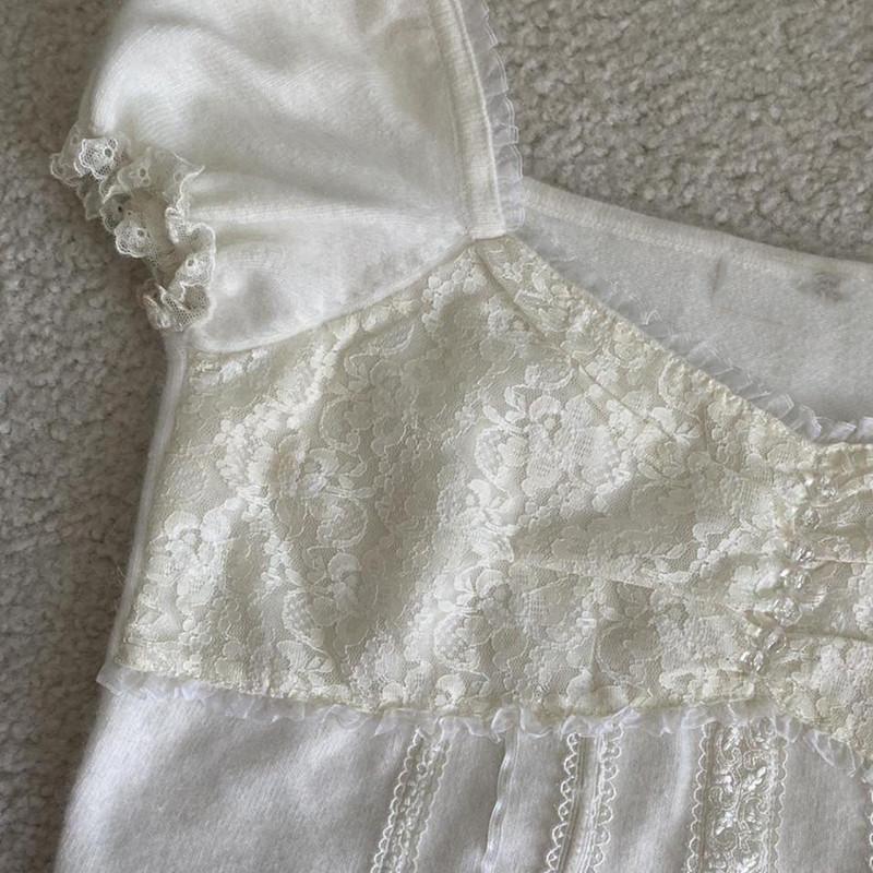 Lace Frill Crop Top Cream Color Vintage Square Collar Puff Sleeve T-shirt Y2K Aesthetic Grunge Women Sweet Tees