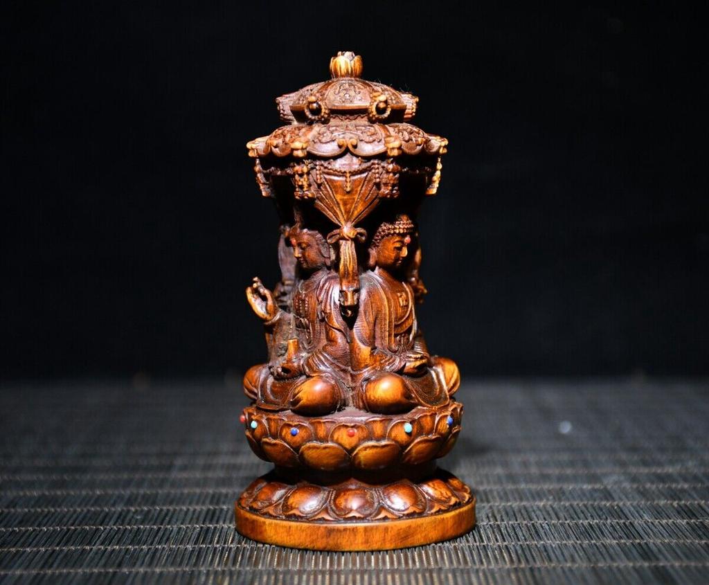 Small Antique Wood Carving Boxwood Wooden Sculpture Buddha Three Dharma Statue