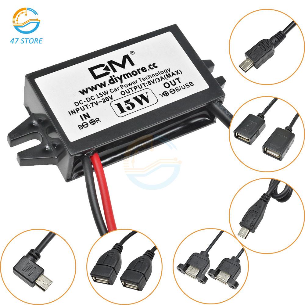 DC-DC Step Down Buck Converter Power Supply Module for Car 12V to 5V 3A 15W for Car Male Female USB Mini USB Micro USB Adapter