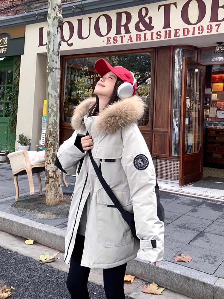 Qianxi couple down jacket men's and women's medium and long outdoor thickened Northeast can wear large fur collar tooling jacket