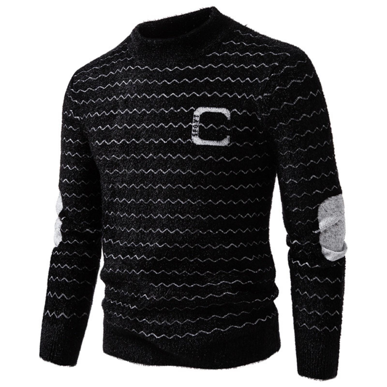 

Men s Casual And Trendy Wavy Line Printed Knitted Sweater, Men s Semi-high Round Neck Pullover Base Layer Sweater L чёрный