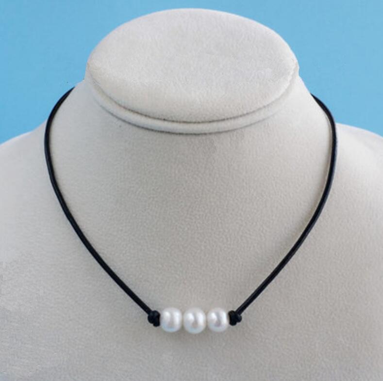 European & American Fashion Three-Pearl Leather Cord Necklace