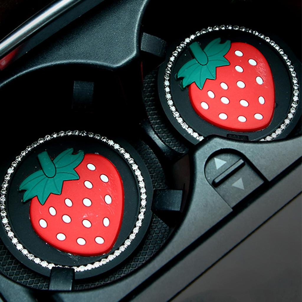 Diamond-Studded Car Cup Holder Mat Round Silicone Anti-Slip Pad with Strawberry Cartoon Design for Vehicle for Women Men