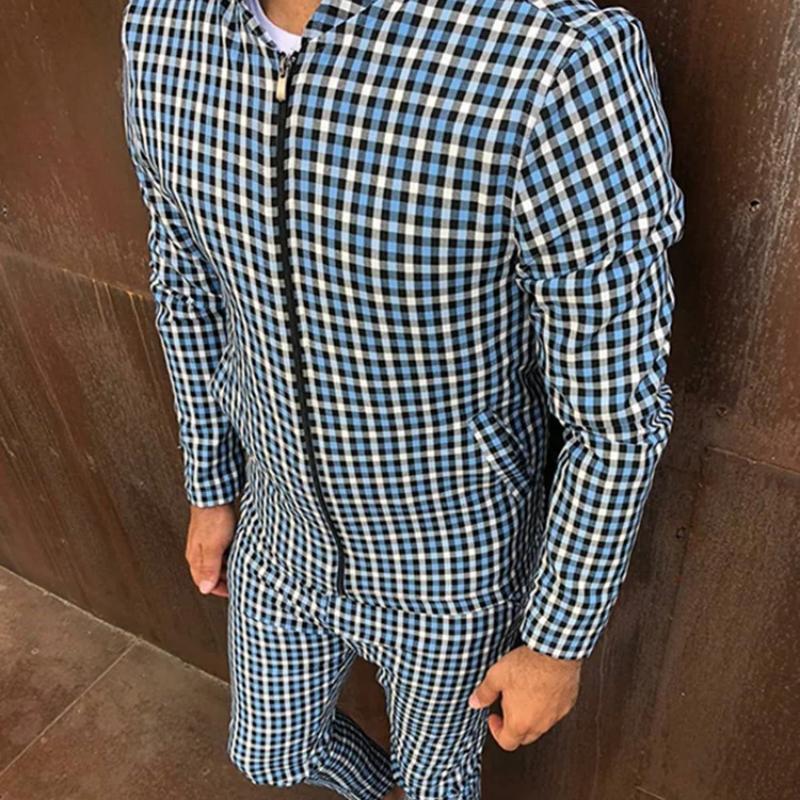 European American Men's Casual Sportswear Autumn New Stand-Up Collar Zip Cardigan Jacket+Fashion Trousers Grid Suits