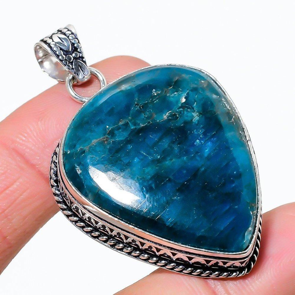 Natural Neon Blue Apatite Gemstone 925 Sterling Silver Pendant 2.17" t7B61