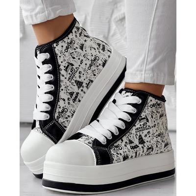 Womens Shoes Cross-border   Large-size Muffin Thick-soled Lace-up Sneakers Graffiti Style Sneakers