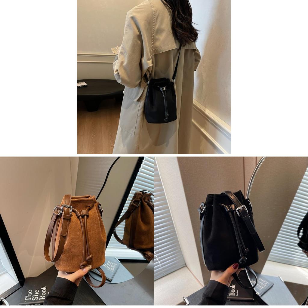 Vintage Suede Water Bucket Bag With Drawstring Closure For Daily Use Women