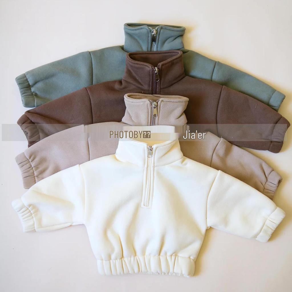 Korean Style Winter Fleece Set: High Neck Half-Zip Top & Joggers for Boys and Girls
