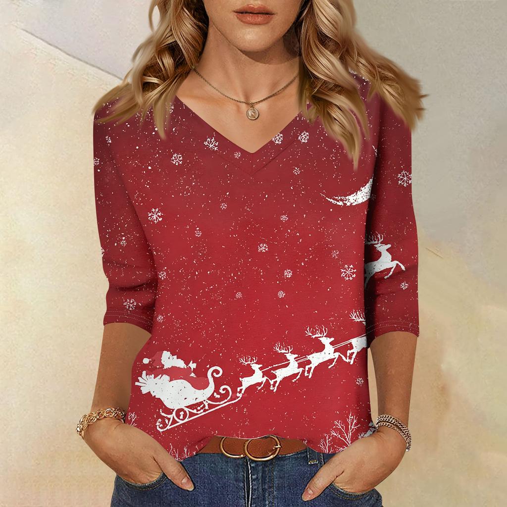 Women's T Shirt CHristmas Print 3/4 Sleeve Daily Weekend Fashion Basic V- Neck Regular Top