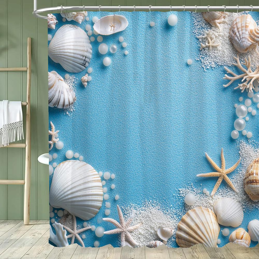 Seaside Beach Shell Scenery Printing Shower Curtain, Bathroom Decorative Shower Curtain, Waterproof Shower Curtain With Hooks W60H190(CM)-1 Pcs