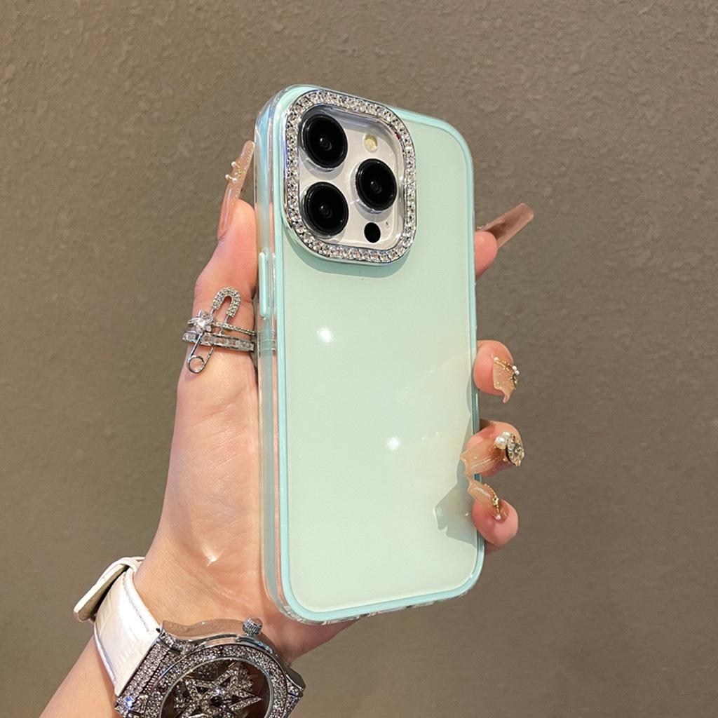 Jelly solid color mobile phone case is suitable for Apple 16promax large hole material TPU electroplated rhinestone iPhone14 set