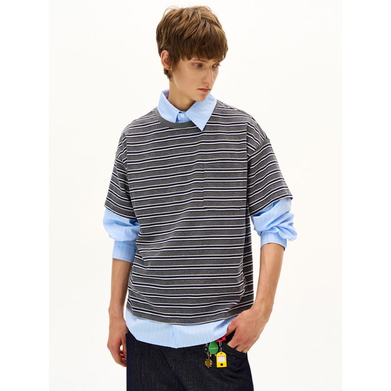 Madwitch American-Style Fake Two-Piece Patchwork Striped Shirt Collar Long-Sleeve T-Shirt for Men and Women, Retro Cool Design Top