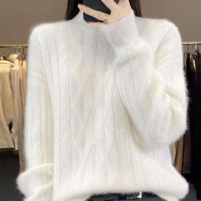 Women's Half-High Collar Cable Knit Wool Sweater - Long Sleeve, Loose Fit, Versatile, Thickened for Autumn and Winter.