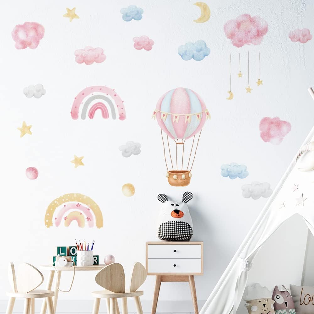 Fanquare Rainbow Hot Air Balloon Wall Decals Pink Clouds Moon Stars Wall Stickers Watercolor Wall Decor for Kids Girls Bedroom Living Room Decor
