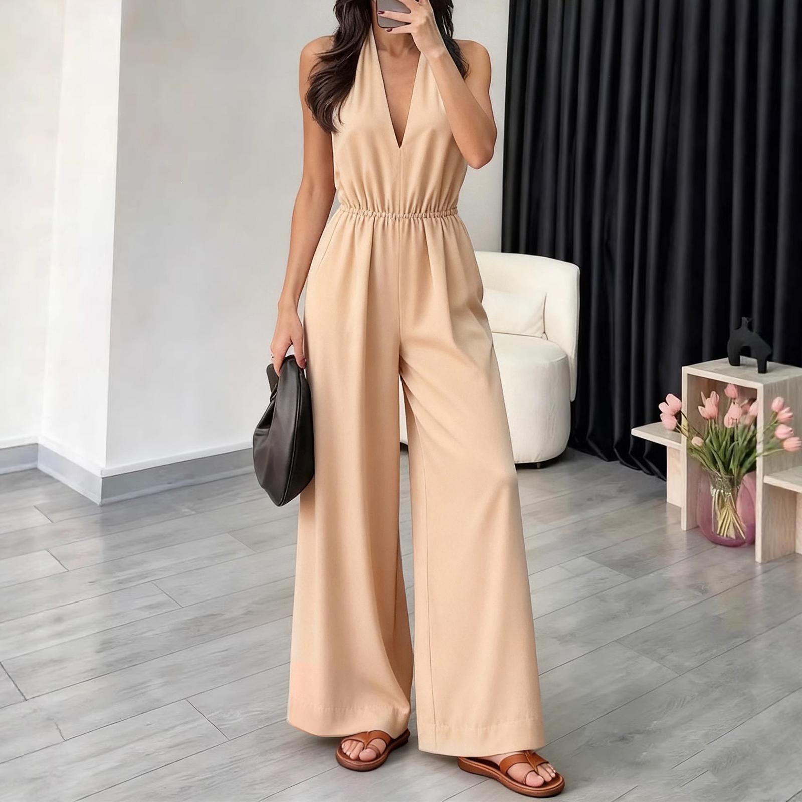 Women Sleeveless V Neck Halter Neck Jumpsuit Wide Leg Elastic Waist Casual One Piece Romper XL