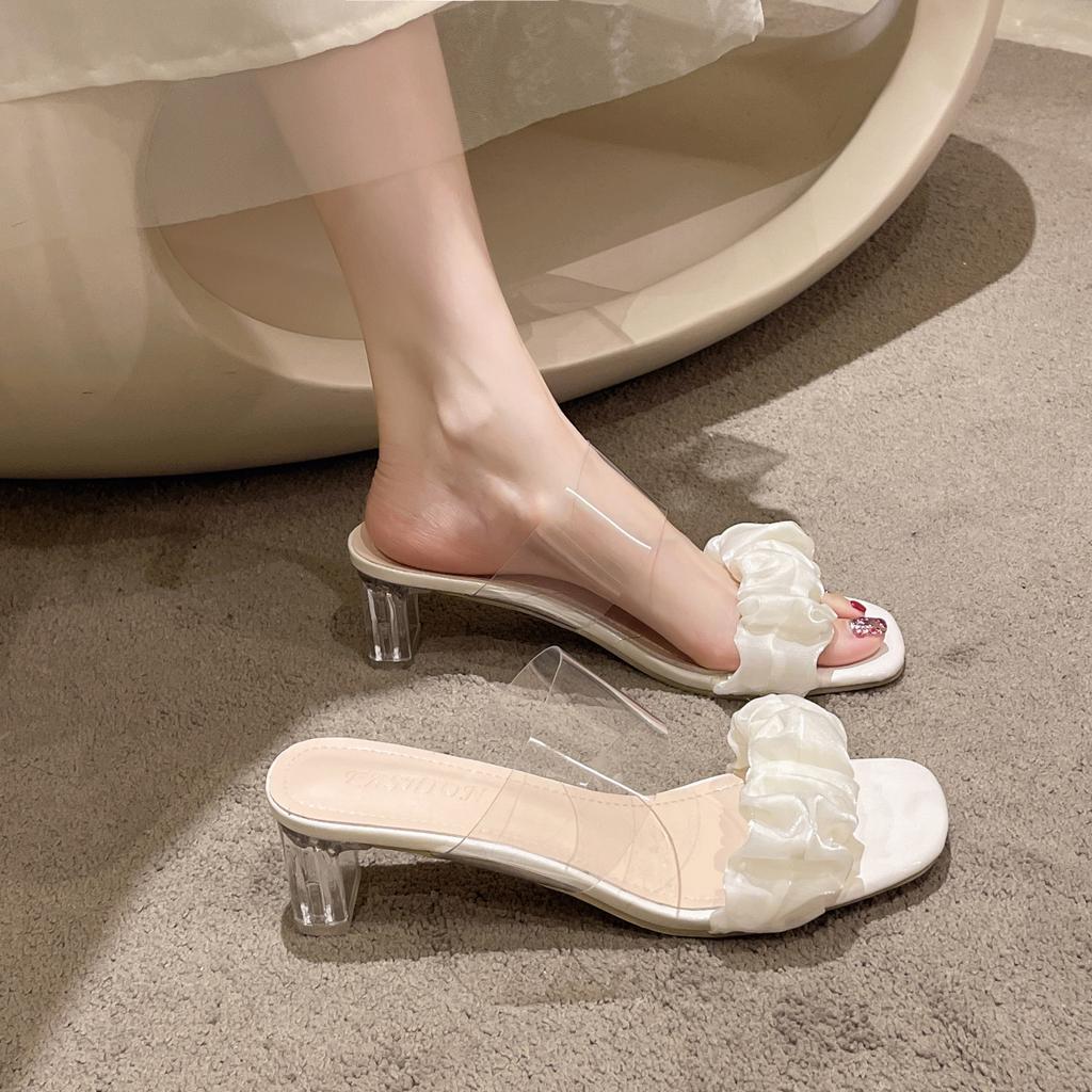 New Transparent Thick Heel Square Head Pleated Cool Slippers Summer High Heel Slippers Women
