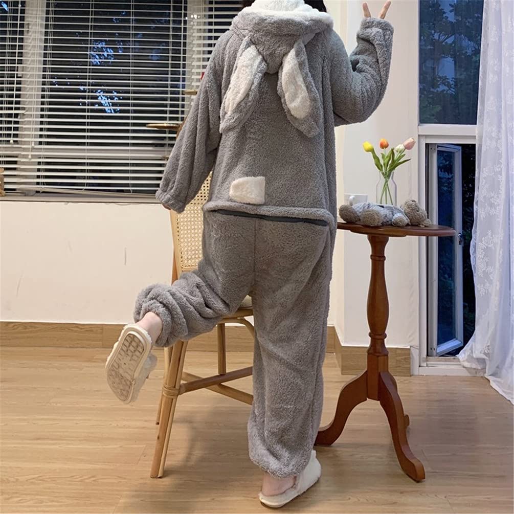 ZHENGTU Women's Cute All-in-One Hooded Pajamas with Rabbit Ears, Warm and Comfortable for Fall and Winter, Casual and Casual Wear (Gray, Size L)