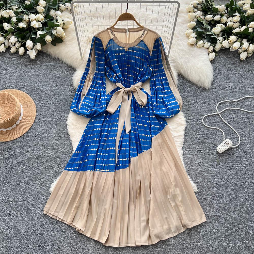 Vintage Elegant Spliced print slim Dress Korean Fashion Long dress hotsweet Women Fashion Dresses