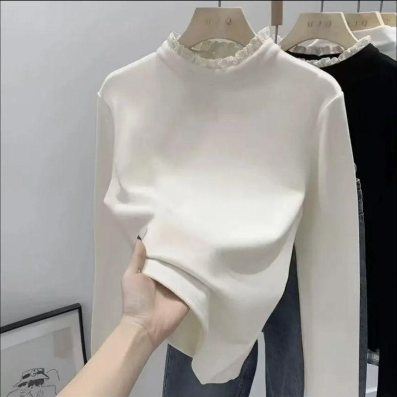 Women's Slimming Plus Size Lace High Neck Long Sleeve Warm Base Layer T-shirt for Autumn/Winter