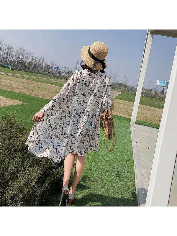 Women Mid-Length Chiffon Print Sun Protection Clothing Seven-Point Sleeve Cardigan