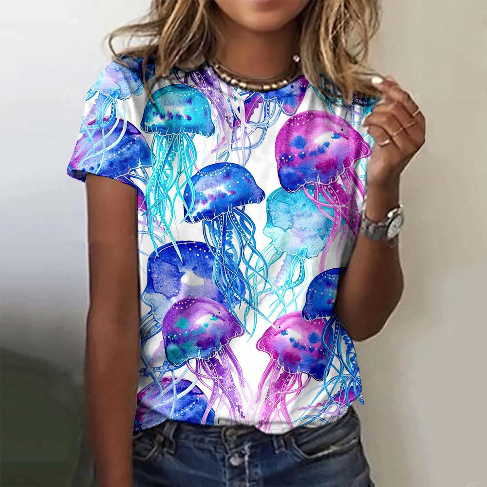 Turtle Jellyfish Pattern T-shirt 3D Printed with Marine Animals for Women's Short sleeved T-shirt