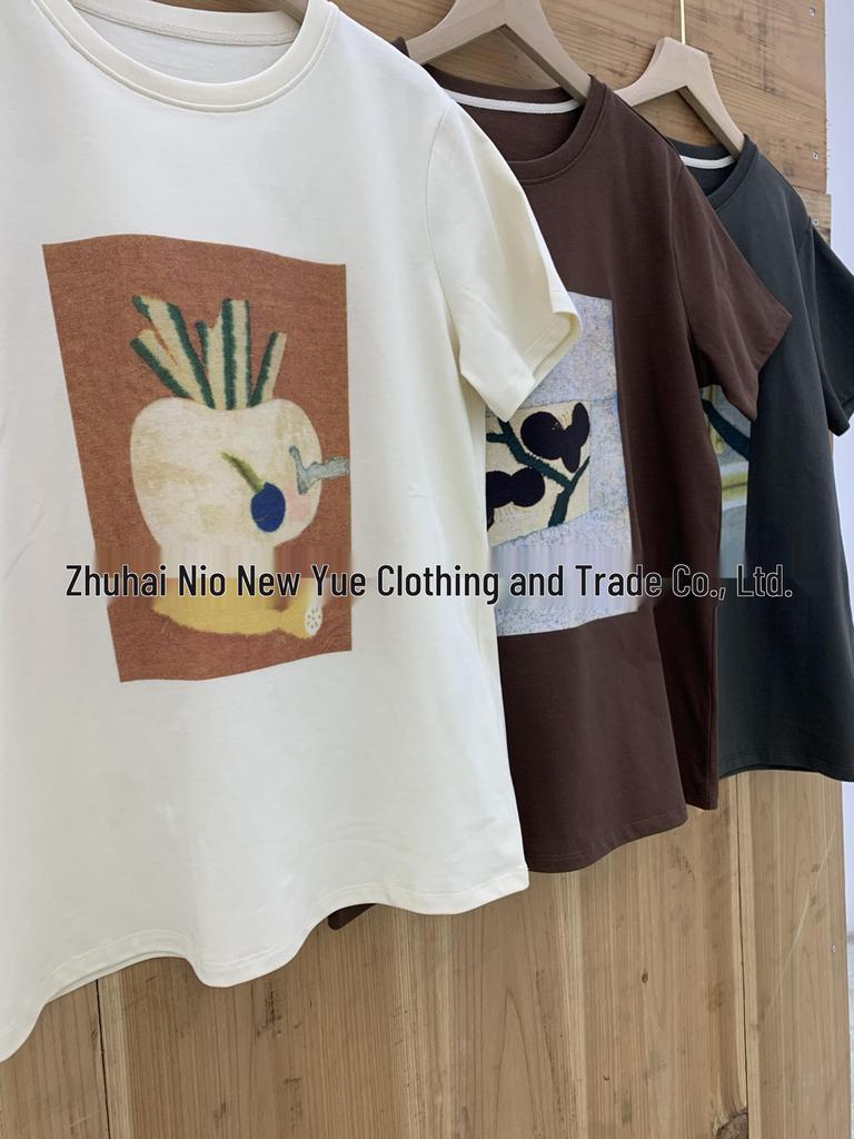 Women's 2026 Spring Cotton Terry Cloth Printed Short Sleeve T-shirt - A Touch of Blue