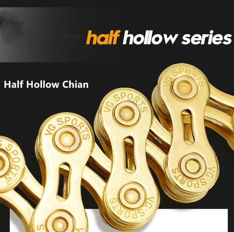 Ultraleichte 9 10 11-Gang-Fahrradkette, halbvoll hohl, 116L, Silber/Gold, Mountain MTB Rennradketten