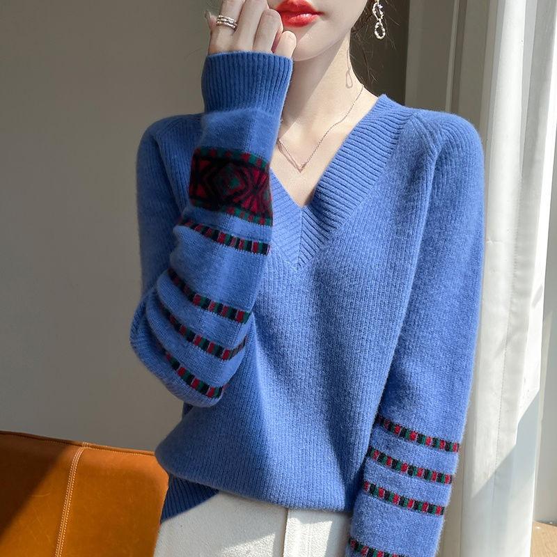 

Многоцветный вязаный свитер женский V-образный жаккардовый свитер свободный с длинным рукавом повседневный пуловер осенне-зимний топ 2XL синий