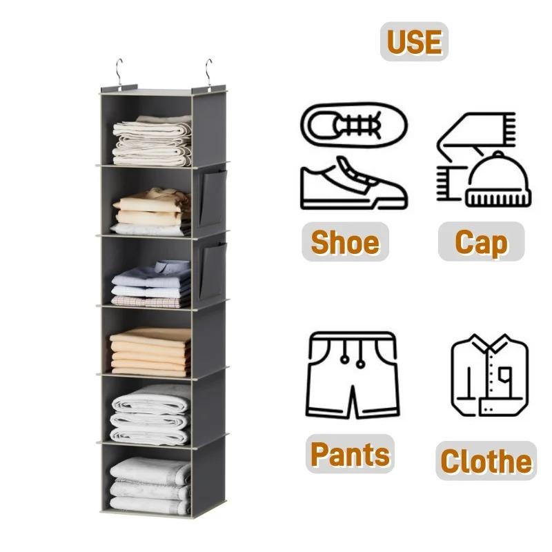 1Pcs Foldable Closet Organizer 6-Shelf Storage Rack with 2 Hooks - for Shoes Caps Clothes Pants Space Saving Closet Organizer