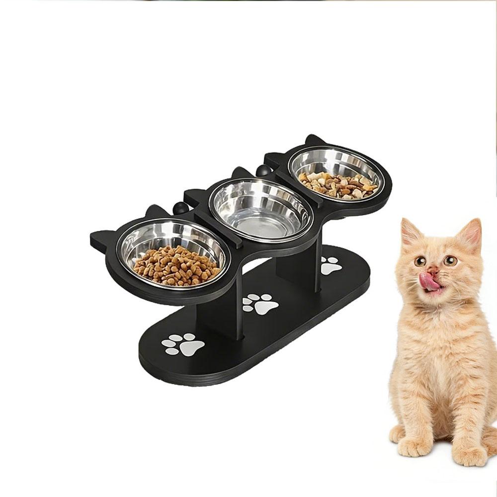 Elevated Black Cat Ear 3 Bowl Cat Feeder Solid Wood Frame and Stainless Steel Bowls Pet Feeding Rack for Indoor Multiple Cats
