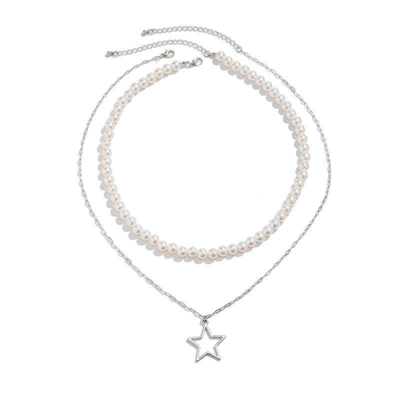 

Bolt/Star Pendant Choker Layered Necklace Imitation Pearls Bead Neckchain for Women Girls Fashionable Jewelry Gift