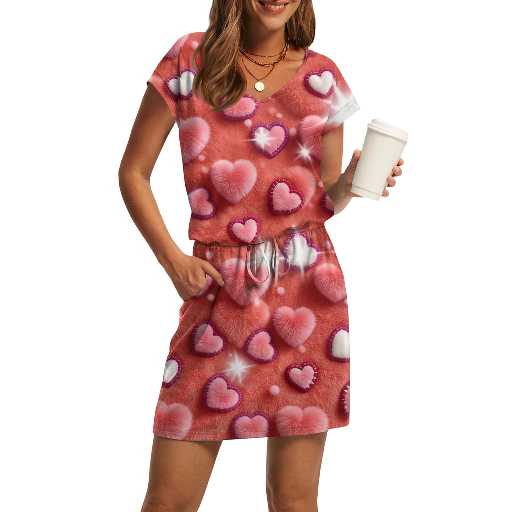 Women's V,Neck Short,Sleeve Drawstring Pocket Valentine's Day Print Casual Dress