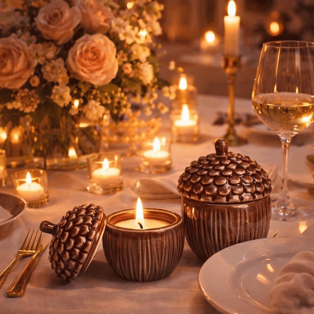 Decorative Multi-functional Ceramics Storage Jar with Lid Cute Candlestick Nut Shape Mini Pinecone Candle Cup Gift