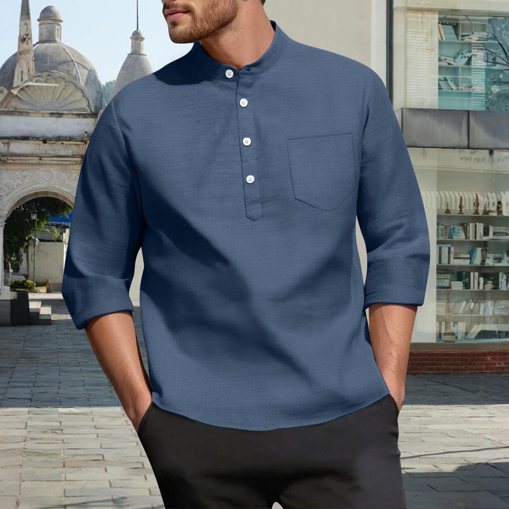 Men's Casual  3/4-Sleeve Shirt - Stand Collar Loose-Fit Breathable Solid Color With Pocket