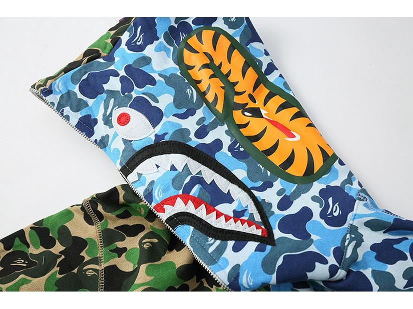 Hanorac cu fermoar și patch-uri tip rechin camuflaj, cu căptușeală de catifea - Stil trendy pentru cupluri