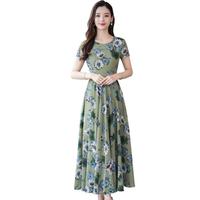 Broken Flowers Swing Over the Knee and Look Thin, Super Fairy Popular Long Dress, New Round Neck Short-sleeved Thin Women's Long Dress
