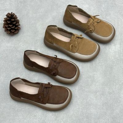Spring Loafers Woman Flats Real Leather Square Toe Women Flat Shoes Lace-Up Loafers Handmade Mixed Colors Retro Shoes
