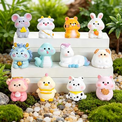 Cartoon 12 Chinese Zodiac Ornament Cute Animal Figurine Micro Landscape Resin Ornament Crafts Home Desk Decor Birthday Gift
