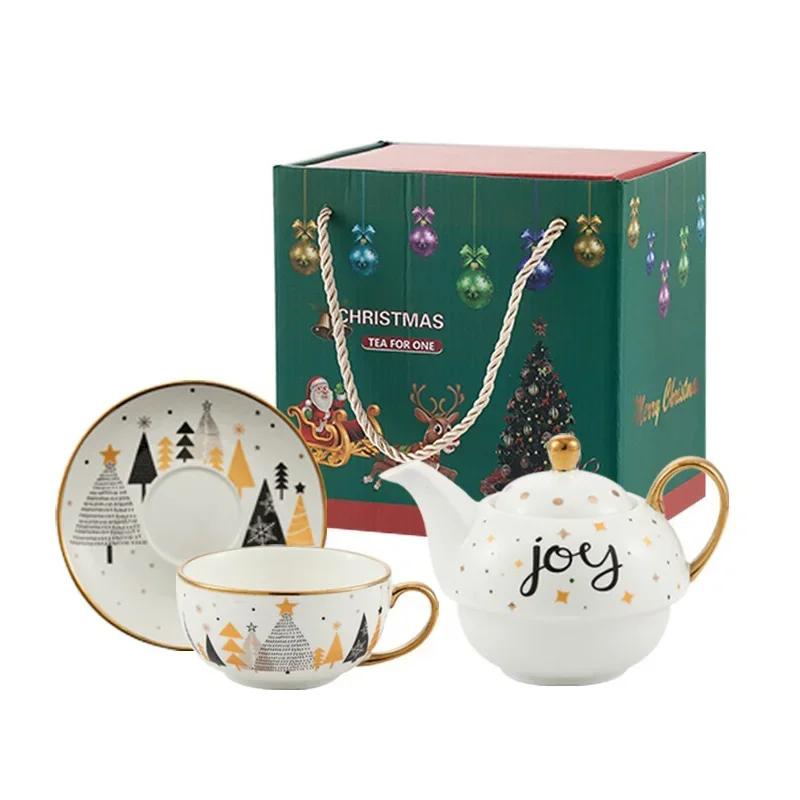 Christmas Ceramic Teapot Cup Teaware Set with Gift Box Gold Plated Handle Coffee Cup Saucer Spoon  Afternoon Tea Mug Xmas Gifts