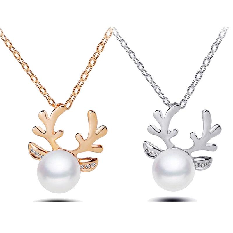 European & American Christmas Rhinestone Pearl Antler Necklace - Short Style