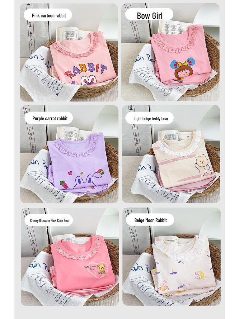 Girls' Summer Cotton Pajama Set - Long Sleeve & Pants, Antibacterial Homewear for Big Kids and Little Girls, Air Conditioning Suit.