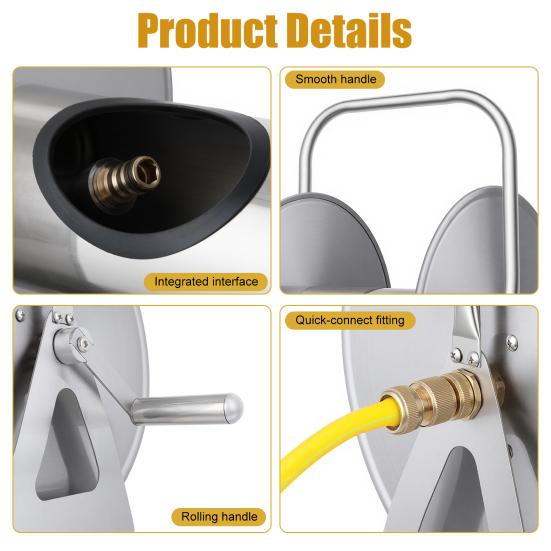 Water Hose Reel Stainless Steel Garden with 6.5ft Leader Pipe, Wall/Floor Mounted Metal Wall Mount Crank Handle, Holds 5/8" X 75ft or 1/2" 130ft