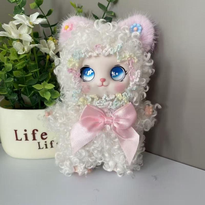 1Pcs Cute Curly Hair Plush Cat Doll Keychain Kawaii Flower Wreath Stuffed Toy With Bow For Bag Charm Kids Gift