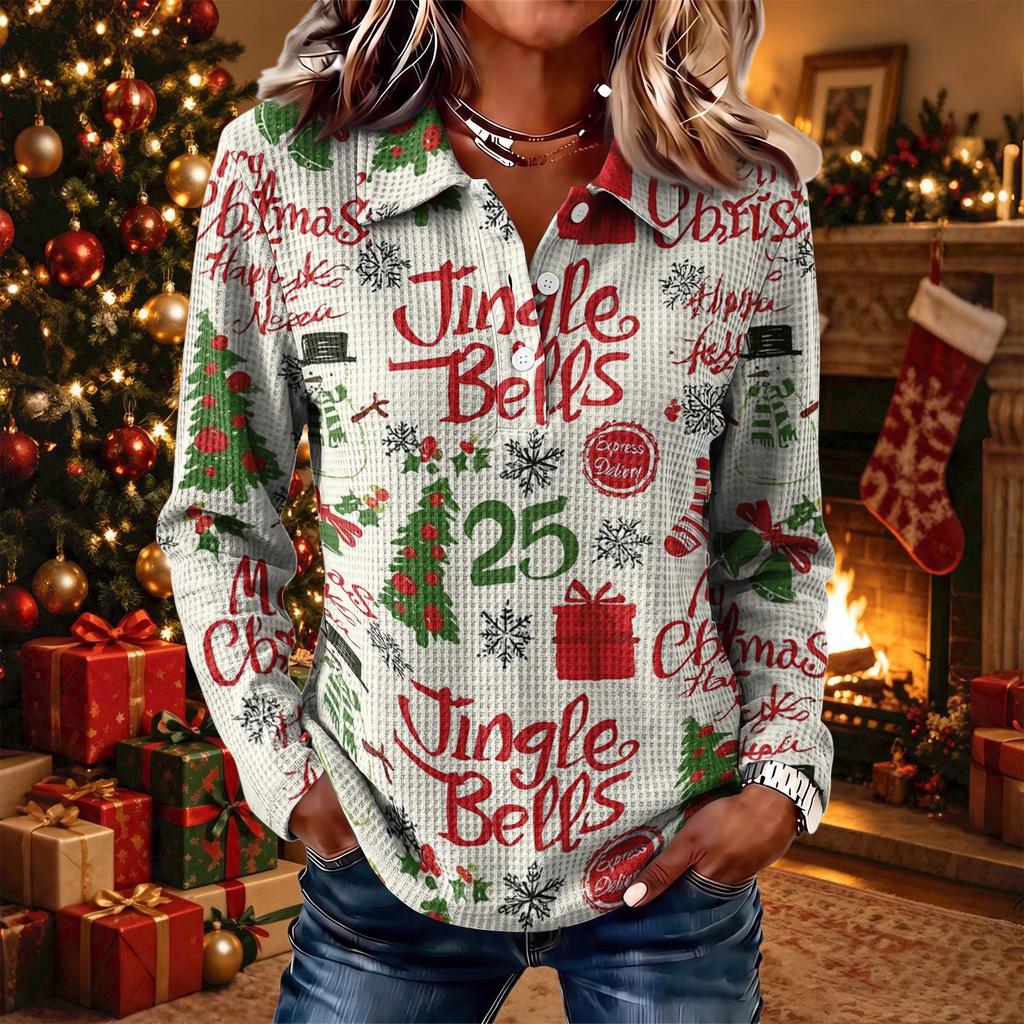 Women's Fashion Casual Christmas Print Knit Long Sleeve Button-Up Collared Top