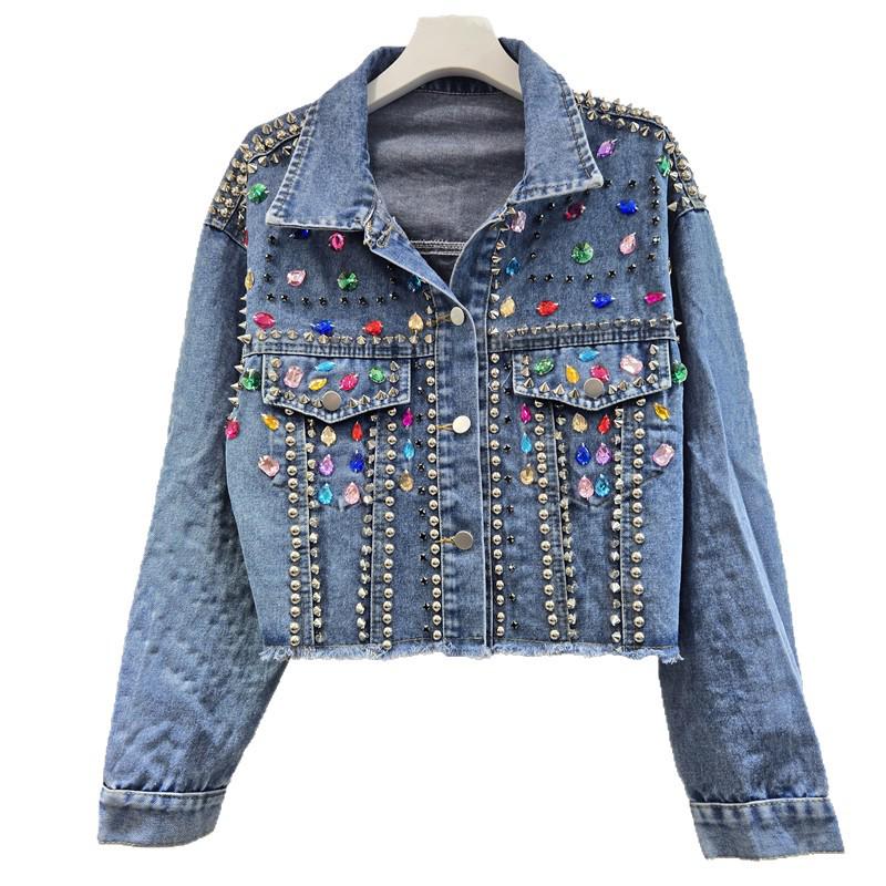 Europäische Station 2026 Frühling Nieten & Diamanten Ausgefranster Rand Damen Jeansjacke