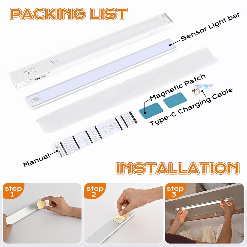 Unterschrank-Bewegungssensorlampe 20 30 cm 3-Farben-Lichtleiste Einstellbares LED-Licht Wiederaufladbare dimmbare magnetische Innen-Nachtlampe