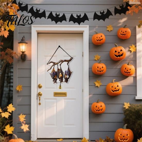 Vintage Window Pendant Halloween 2D Acrylic Decoration with Chain, Bell, Stained Glass Ghost Bat Bell Pumpkin Suncatcher Decor, Wall Hanging Ornament
