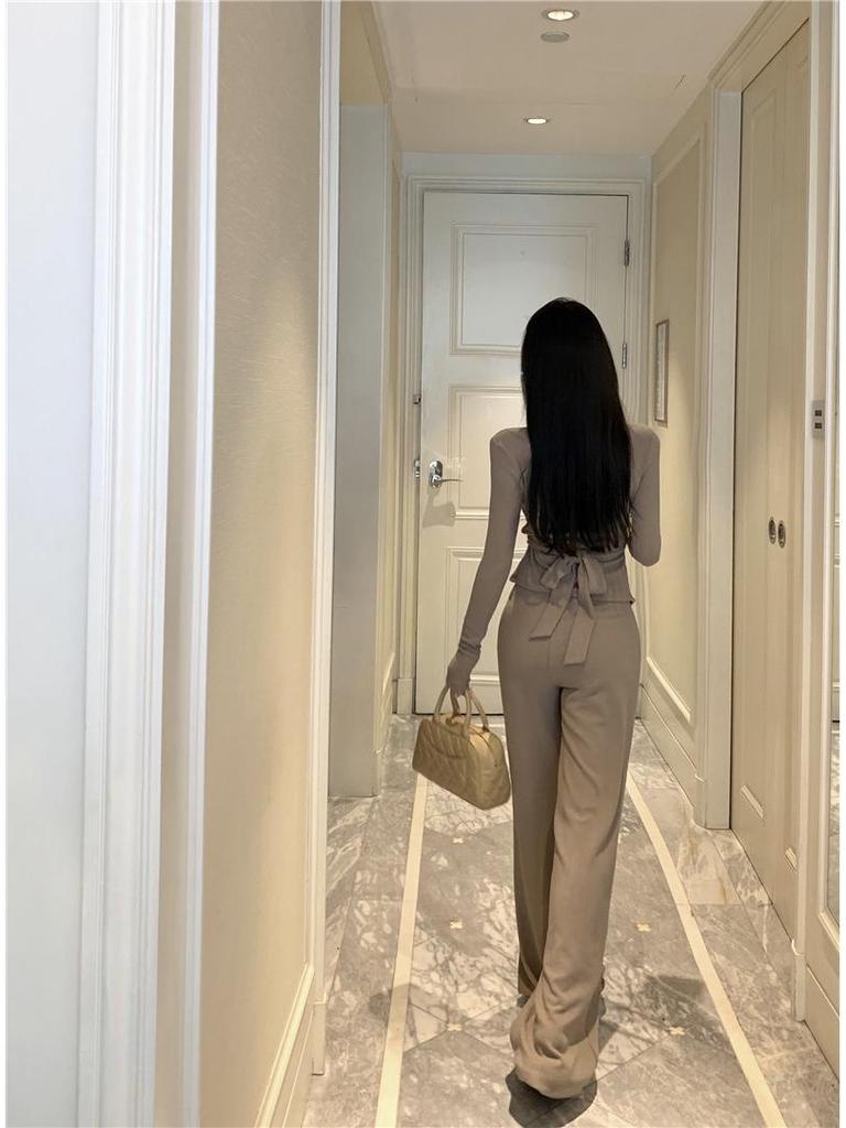 Irregular Slim Fit V-neck Top & Micro Flare Wide Leg Pants Set for Women - Autumn Collection 2026