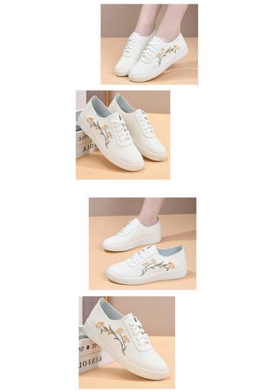 Women's White Leather & Mesh Breathable Shoes - Soft Sole, Non-Slip, Korean Style for Spring/Summer