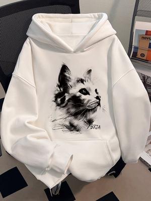 New Sketch Hand-painted Cat Print Cotton Hooded Sweater Men's Autumn and Winter Retro Couple Sports and Leisure Top Large Size